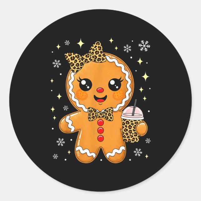 Adesivo Redondo Cute Gingerbread Leopard Coquette Christmas Xmas G (Frente)
