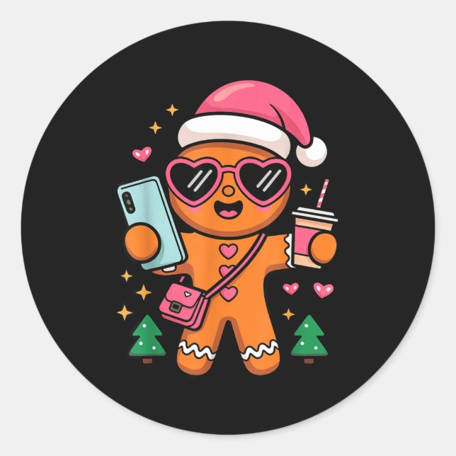 Adesivo Redondo Cute Gingerbread Taking Selfie Christmas Pajama To (Frente)