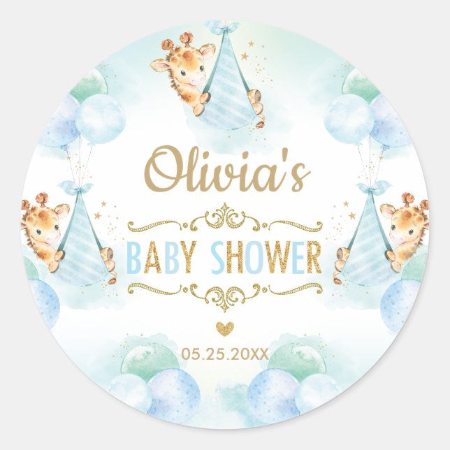 Adesivo Redondo Cute Giraffe Boy Baby Shower Obrigado Favor (Frente)