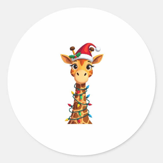 Adesivo Redondo Cute Giraffe Christmas Lights Santa Hat Xmas Pajam (Frente)