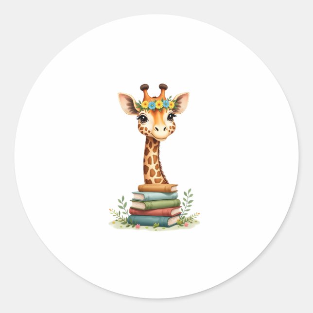 Adesivo Redondo Cute Giraffe With Book Floral Bookworm Librarian B (Frente)