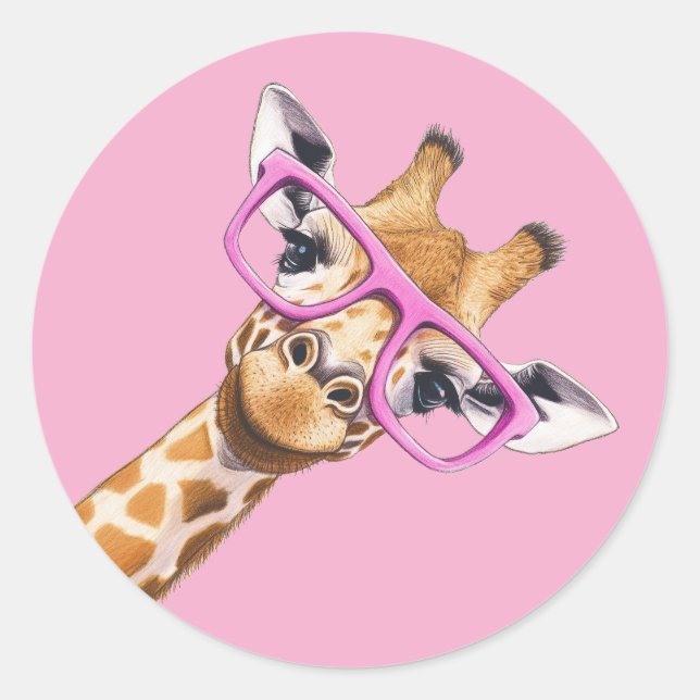 Adesivo Redondo Cute Giraffe with Pink Glasses Aesthetic Sticker (Frente)