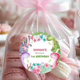 Adesivo Redondo Cute Girl Dinosaur 1st Birthday Party