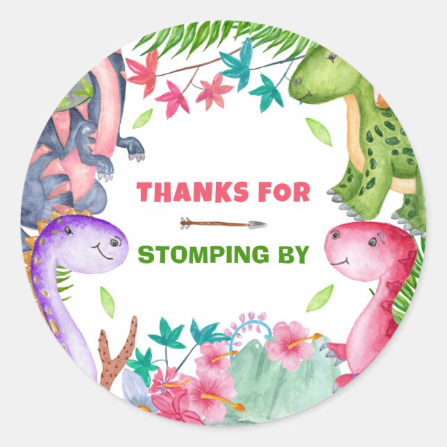 Adesivo Redondo Cute Girl Dinosaur 1st Birthday Party Thank you (Frente)