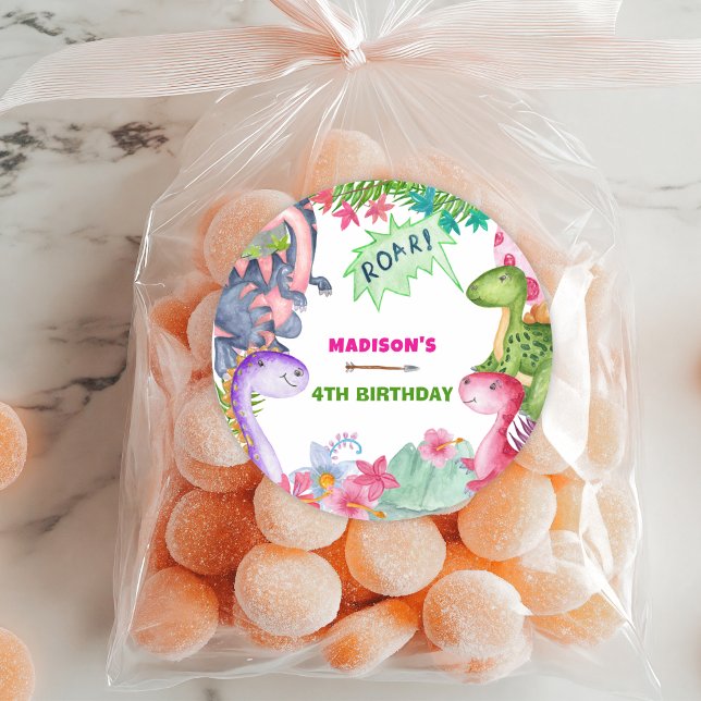 Adesivo Redondo Cute Girl Dinosaur 4th Birthday Party (Criador carregado)