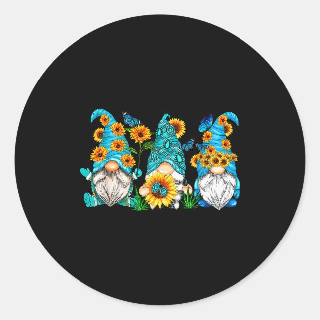 Adesivo Redondo Cute Gnomes With Sunflower Butterfly Gardeners Sum (Frente)