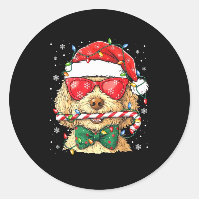 Adesivo Redondo Cute Goldendoodle Santa Hat Xmas Lights Goldendood (Frente)