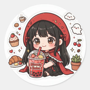 Adesivo Redondo Cute Goth Little Red Riding Hood Boba Chá Hellowee