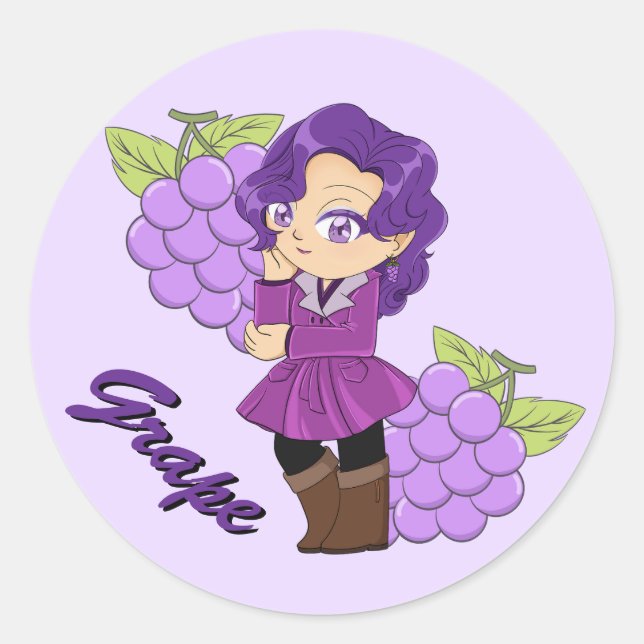 Adesivo Redondo Cute Grape Theme Chibi with Grape Background (Frente)