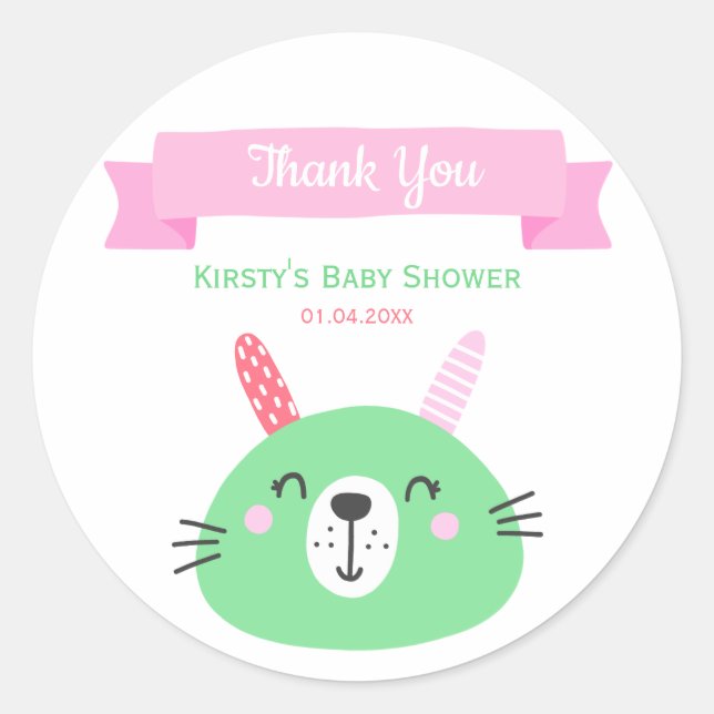 Adesivo Redondo Cute Green Baby Bunny | Baby Shower Thank You (Frente)