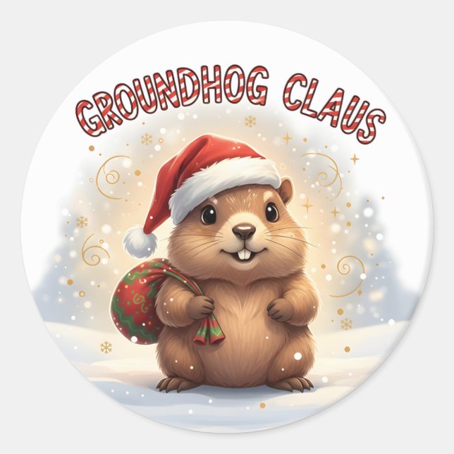 Adesivo Redondo Cute Groundhog Claus Funny Groundhog Christmas (Frente)