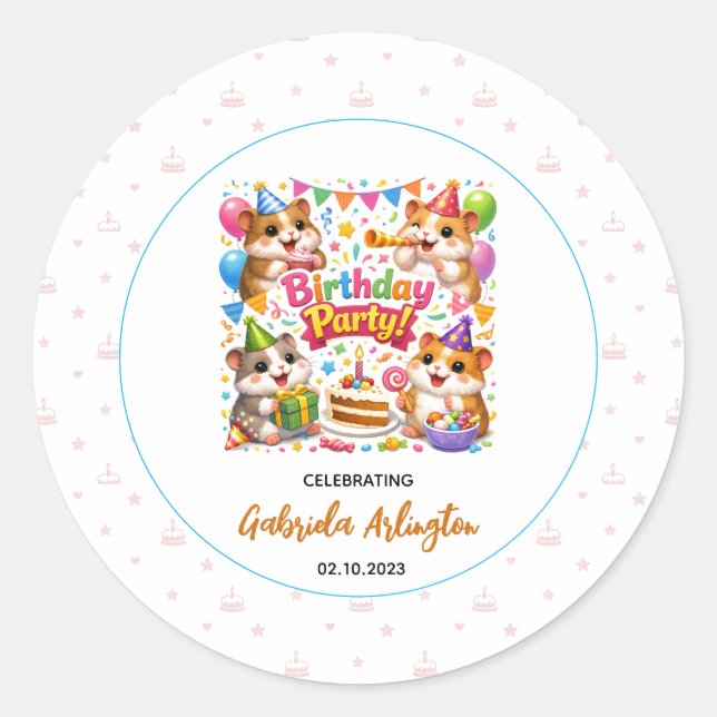 Adesivo Redondo Cute Hamster Birthday Party | Kids Hamster (Frente)