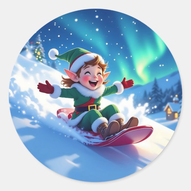Adesivo Redondo Cute Happy Elf Sledding Christmas (Frente)