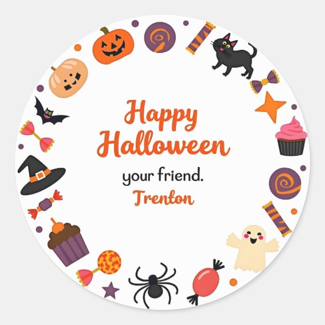 Adesivo Redondo Cute Happy Halloween Sticker with Candy and Ghost (Frente)