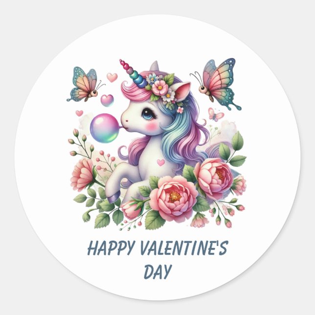 Adesivo Redondo Cute Happy Valentine's Day unicorn  (Frente)