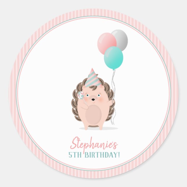 Adesivo Redondo Cute Hedgehog Birthday (Frente)