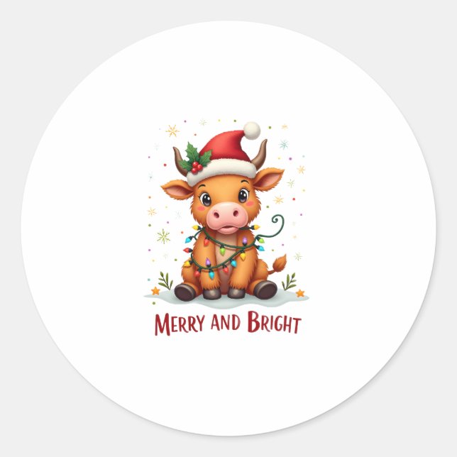 Adesivo Redondo Cute Highland Baby Cow Christmas Lights Merry & Br (Frente)