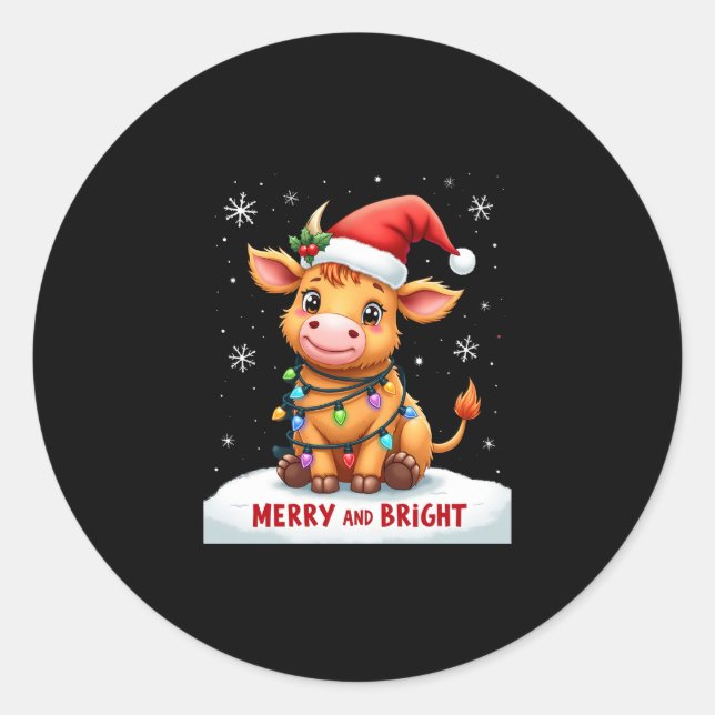 Adesivo Redondo Cute Highland Baby Cow Christmas Lights Merry & Br (Frente)