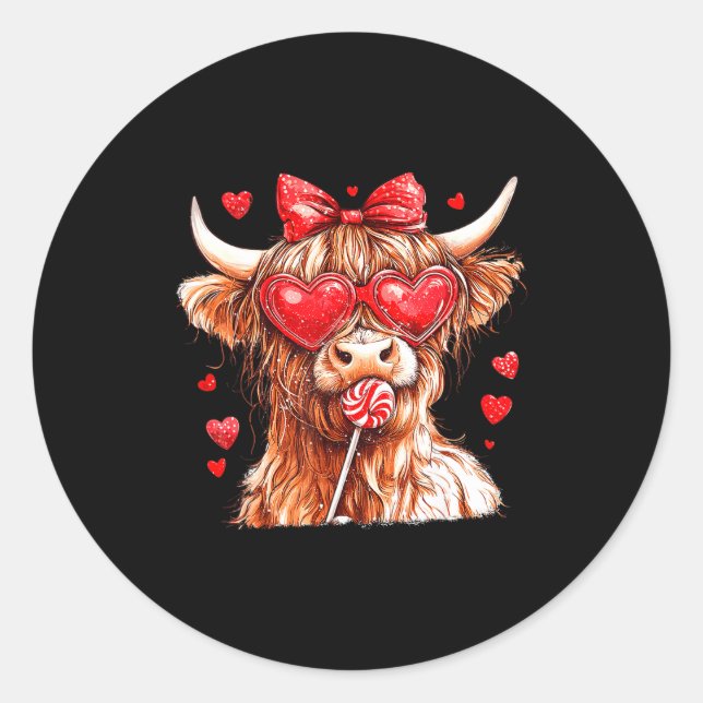 Adesivo Redondo Cute Highland Cow Candy Cane Heart Valentines Day  (Frente)