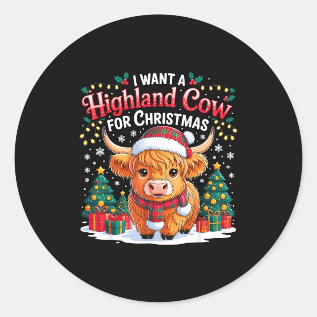 Adesivo Redondo Cute Highland Cow Christmas Funny Santa Lights Hol (Frente)