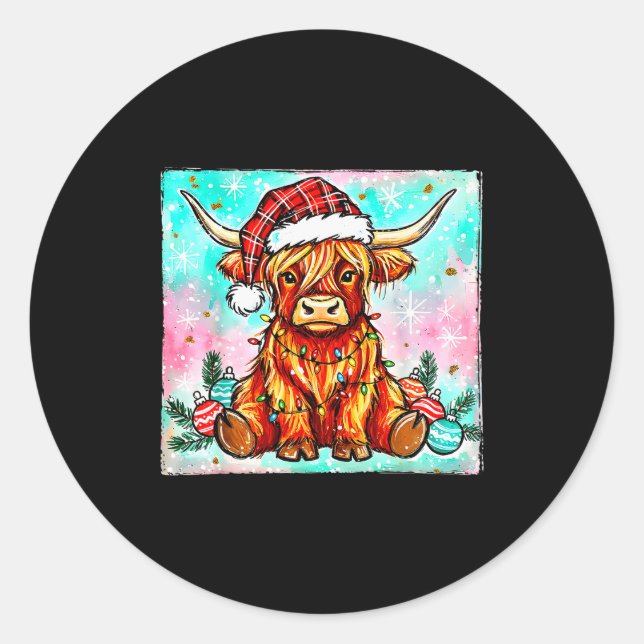 Adesivo Redondo Cute Highland Cow Christmas Lights Merry Xmas Cows (Frente)