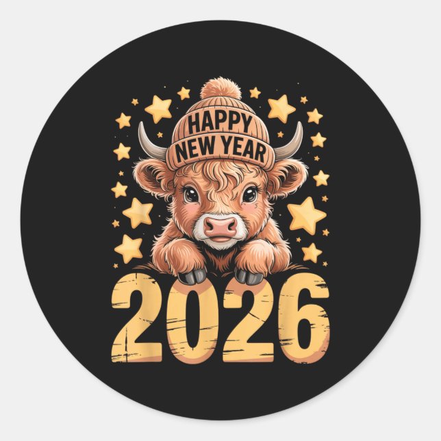 Adesivo Redondo Cute Highland Cow Happy New Year 2026 Tee Funny An (Frente)