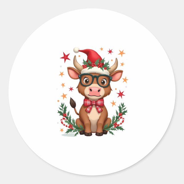 Adesivo Redondo Cute Highland Cow Lover Santa Hat Western Christma (Frente)
