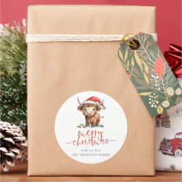 Adesivo Redondo Cute Highland Cow Script Nome Feliz Natal