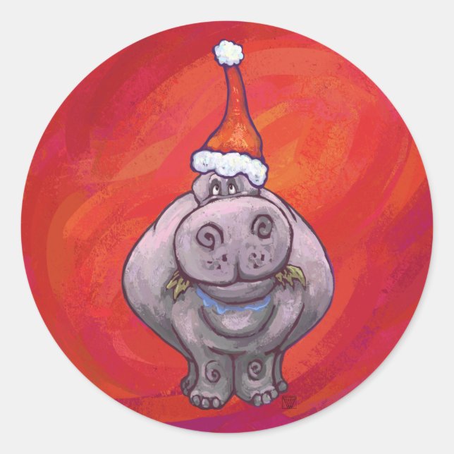 Adesivo Redondo Cute Hippo em Santa Hat em Vermelho (Frente)