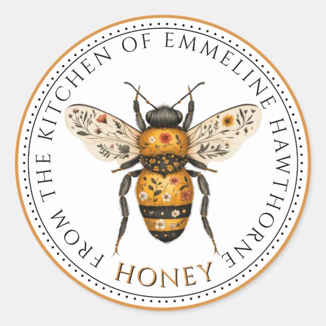 Adesivo Redondo Cute Honey Bee Floral Honey Label (Frente)