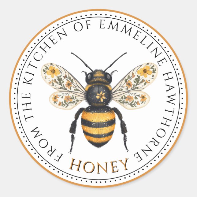 Adesivo Redondo Cute Honey Bee Floral Honey Label (Frente)