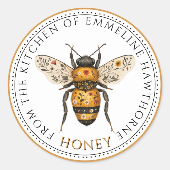 Adesivo Redondo Cute Honey Bee Floral Honey Label (Frente)