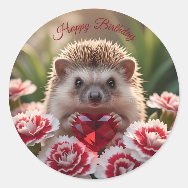 Adesivo Redondo Cute January Hedgehog with Garnet Heart (Frente)