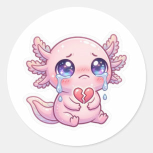 Adesivo Redondo Cute Kawaii Axolote Triste Chorando com Coração Qu