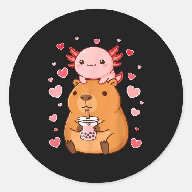 Adesivo Redondo Cute Kawaii Axolotl Capybara Bubble Tea Boys Girls (Frente)