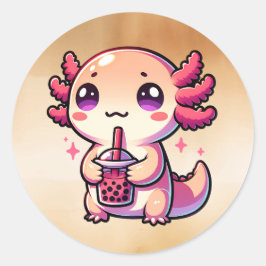 Adesivo Redondo Cute Kawaii Axolotl com Chá-Bolha