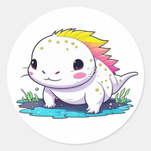 Adesivo Redondo Cute Kawaii Axolotl em água
