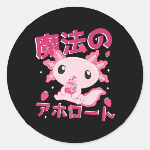 Adesivo Redondo Cute Kawaii Axolotl Strawberry Milk Shake Japonês