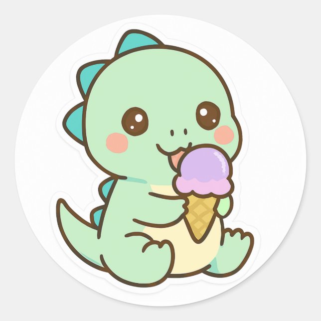 Adesivo Redondo Cute Kawaii Baby Dinosaur Eating Ice Cream Sticker (Frente)