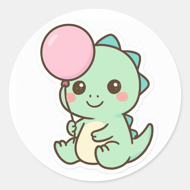 Adesivo Redondo Cute Kawaii Baby Dinosaur with Balloon Sticker (Frente)