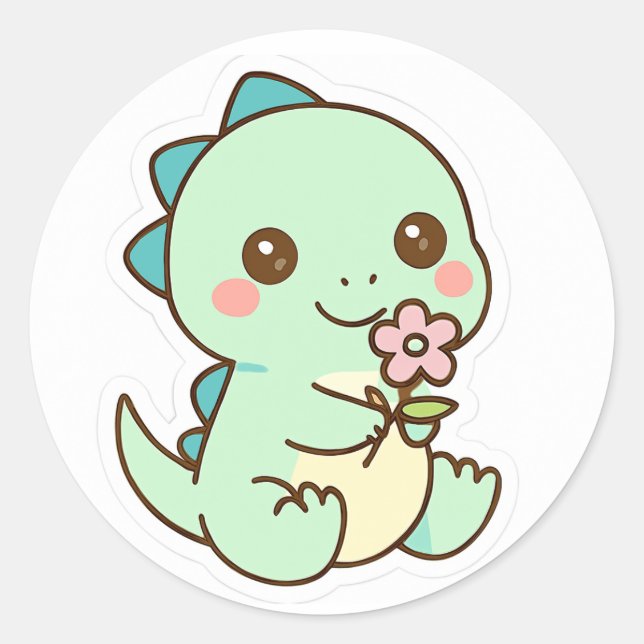 Adesivo Redondo Cute Kawaii Baby Dinosaur with Flower Sticker (Frente)