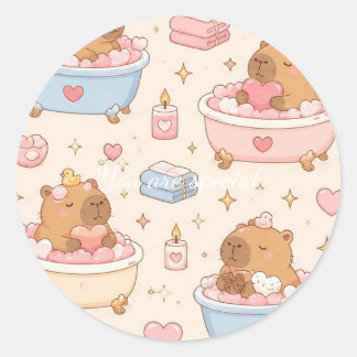 Adesivo Redondo Cute Kawaii Capybara Heart Bath Pattern