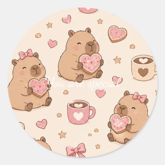 Adesivo Redondo Cute Kawaii Capybara Heart Cookie Pattern (Frente)