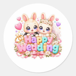 Adesivo Redondo Cute Kawaii Casal de Coelho de Casamento Feliz Ros
