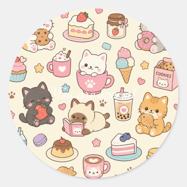 Adesivo Redondo Cute Kawaii Cat Café Pattern | Coffee and Dessert  (Frente)