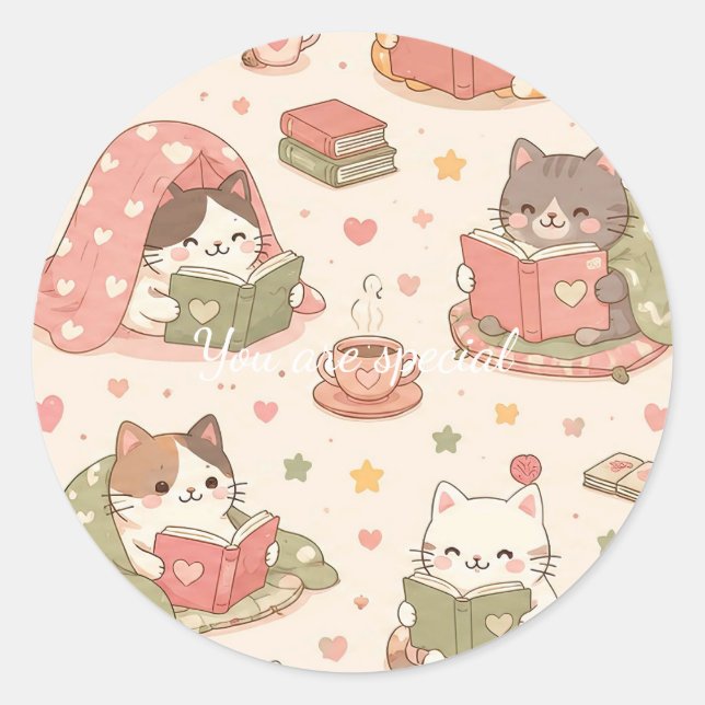 Adesivo Redondo Cute Kawaii Cat Heart Book Pattern (Frente)