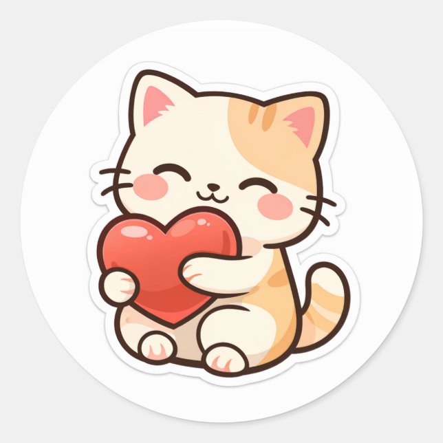 Adesivo Redondo Cute Kawaii Cat Holding Heart – Adorable Love  (Frente)