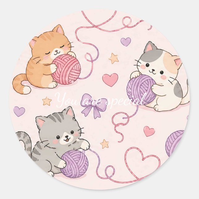 Adesivo Redondo Cute Kawaii Cat Love Yarn Pattern (Frente)