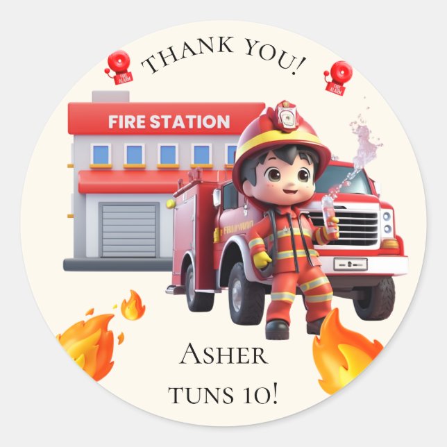 Adesivo Redondo Cute Kawaii Firefighter Boy Fire Truck Thank You (Frente)
