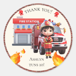 Adesivo Redondo Cute Kawaii Firefighter Girl and Fire Truck